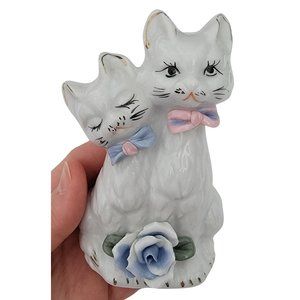 Vintage Porcelain Cat & Kitten Figurine with Pink & Blue Bows (Kitsch, 1960s)